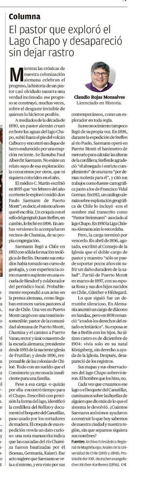 Columna publicada en El Llanquihue sobre Paul Saemann